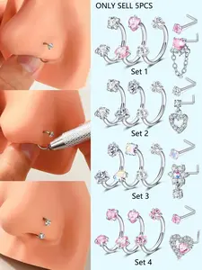 5pcs Stainless Steel 18G Horseshoe Nose Ring, 20G CZ L Shaped Nose Studs, Floral Design, Casual Style, Nose Piercing Jewelry for Women Girls