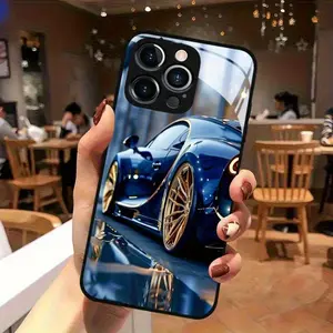 Phone Case - A Luxurious Blue Car Case with Golden Rims And a Glass Design, Suitable for iPhone17 17Air 16 Pro 15 Promax 14 Plus 13 12 11