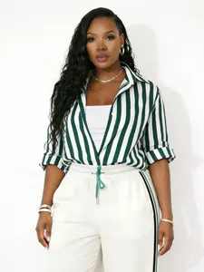 Striped Long Sleeve Fitted Shirt (Navy / Moss)