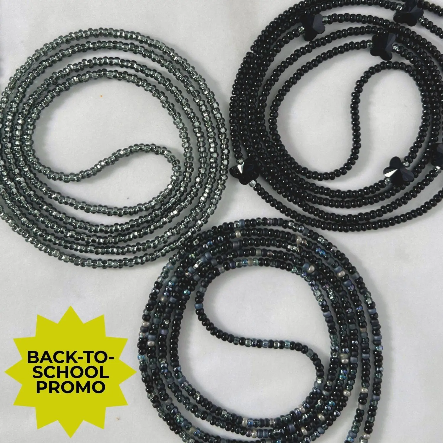 3PC SET - PROTECTED - Tie On Waist Beads - 45 to 60 inches Waistbeads - Black Waistbeads - Protection Waistbeads - Beaded Fashion Body Jewelry - Made By Venus Waistbeads