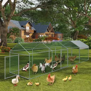 Large Metal Chicken Coop with Waterproof and Anti-UV Cover, 160" x40" x40" Chicken Run with 4 Doors, Outdoor Hen House for Yard, Walk in Poultry Cage for Rabbit Duck Goose, Silver