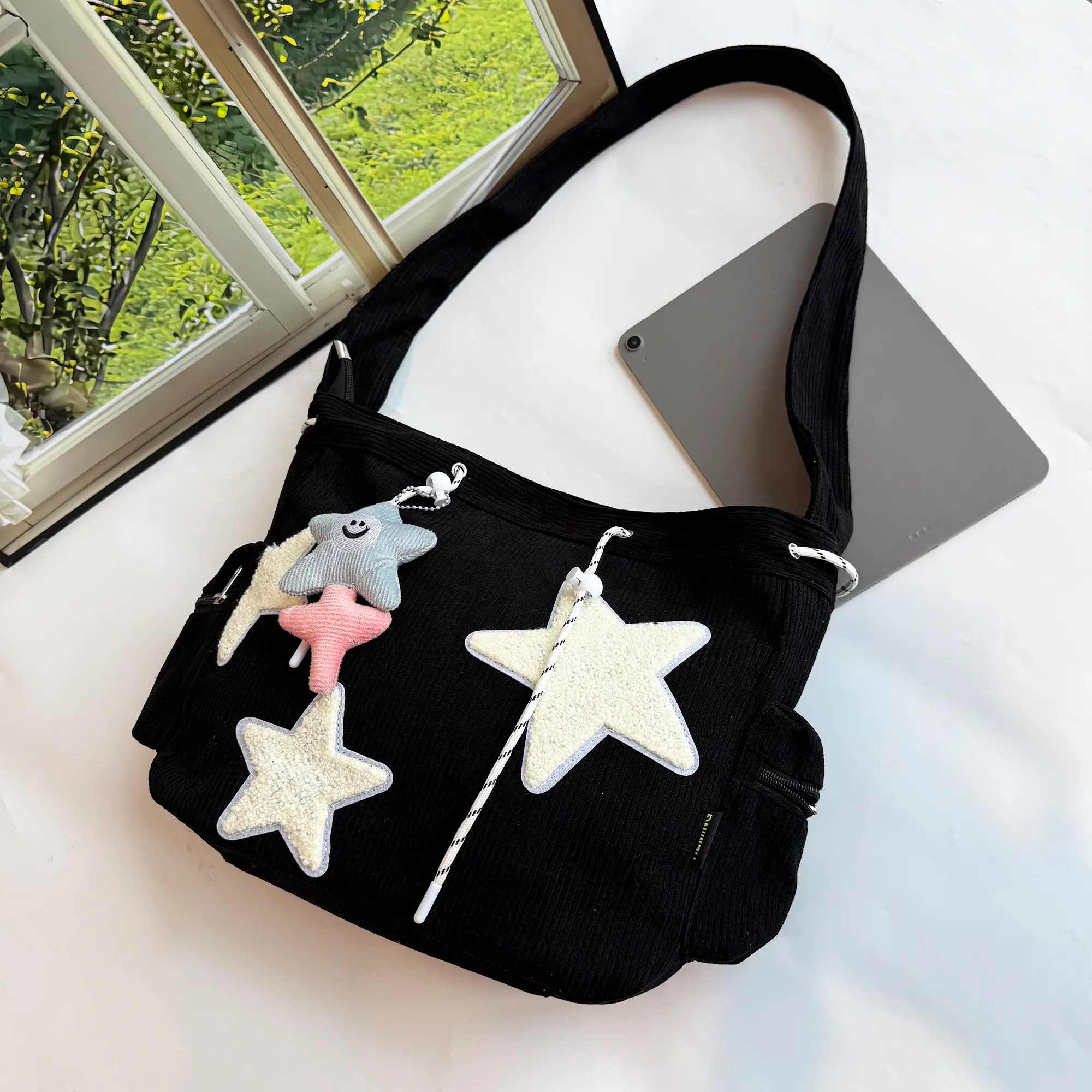Women’s Corduroy Star Tote Bag, Chic Crossbody Bag with Large Capacity, Lightweight Casual Shoulder Bag for School, Travel & Everyday Use