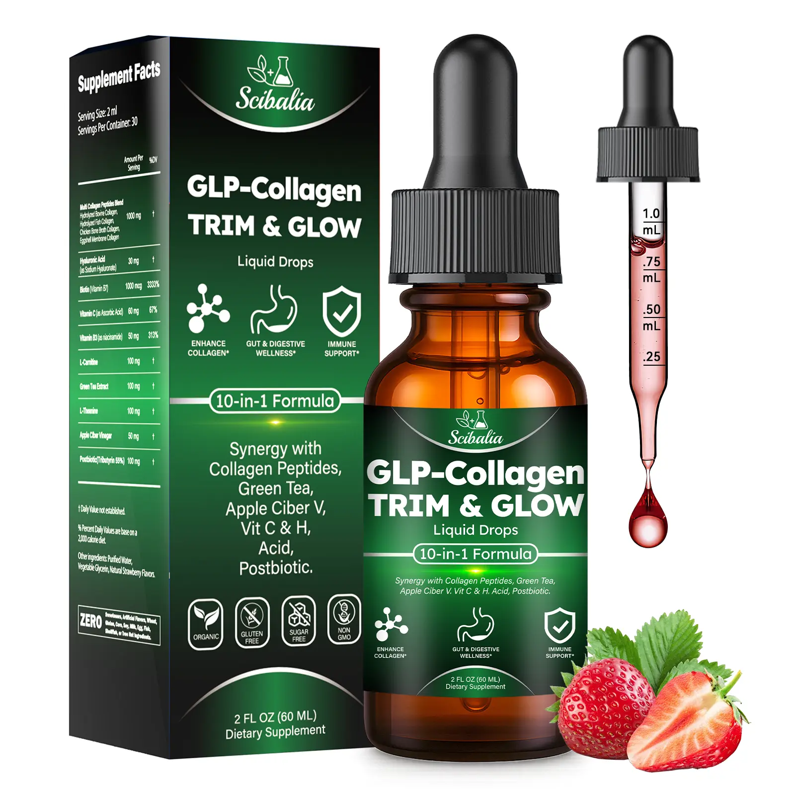 Liquid Collagen for Women, 10-in-1 Formula Multi Collagen Burn Drops Trim & Glow Hyaluronic Acid Biotin Green Tea L-Carnitine & ACV for Hair Growth Metabolism Skin Gut & Digestive Health Beauty Dietary Supplement Natural
