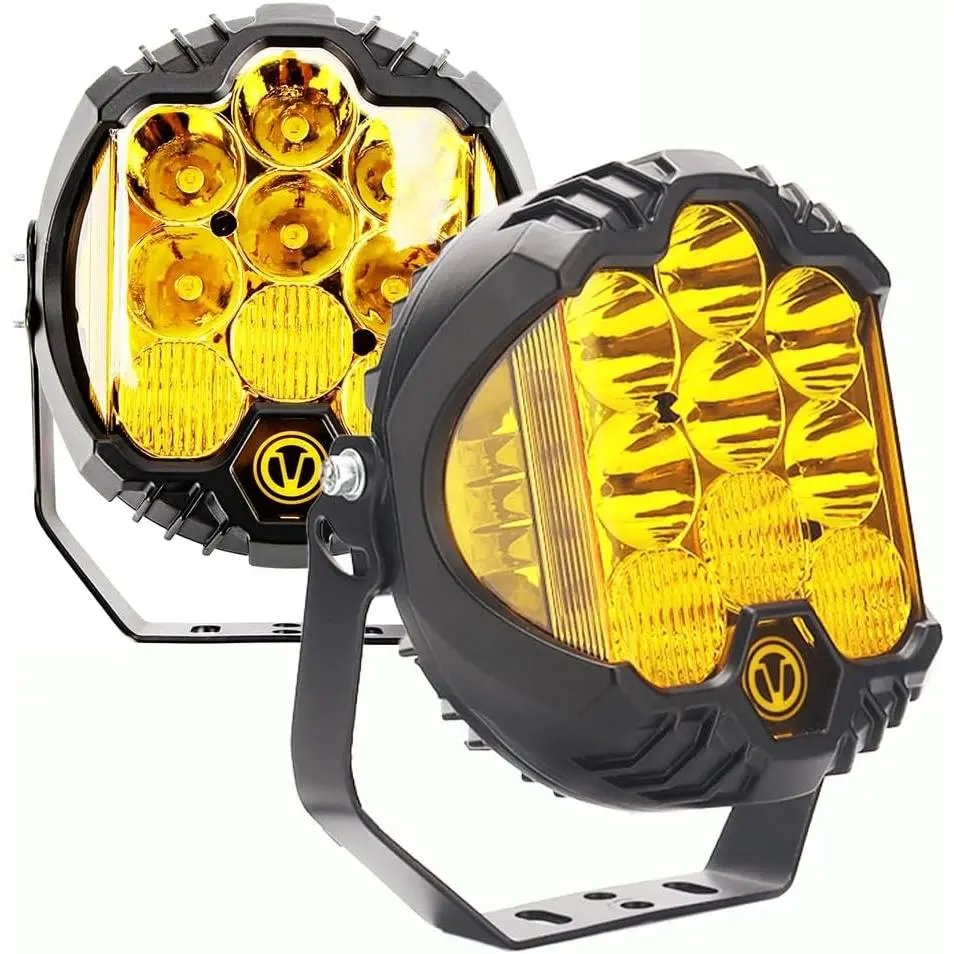 2PCS 5-in Round 80W LED Off-Road Side Shooter Lights - 5000 lm Super Bright, 270° Amber Range, White Hyper Spot Beam, Metal Body, Front Mount, Corded Plug, Universal for Off-Road Vehicles, Pickups