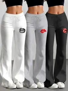 Women's Casual Everyday Flare Pants Set, Adjustable Drawstring Waist Design, Lip Print Pattern, Milk Silk Yoga Pants, All-Season Wear, 3 Pieces