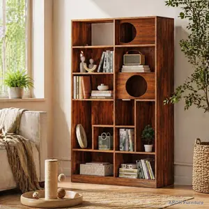 ARCH Modern 2 IN 1 Wood Bookshelf  Cat House, Cat Tree Display Case with Storage, Cat Litter Box Enclosure Climbing Shelf - BROWN