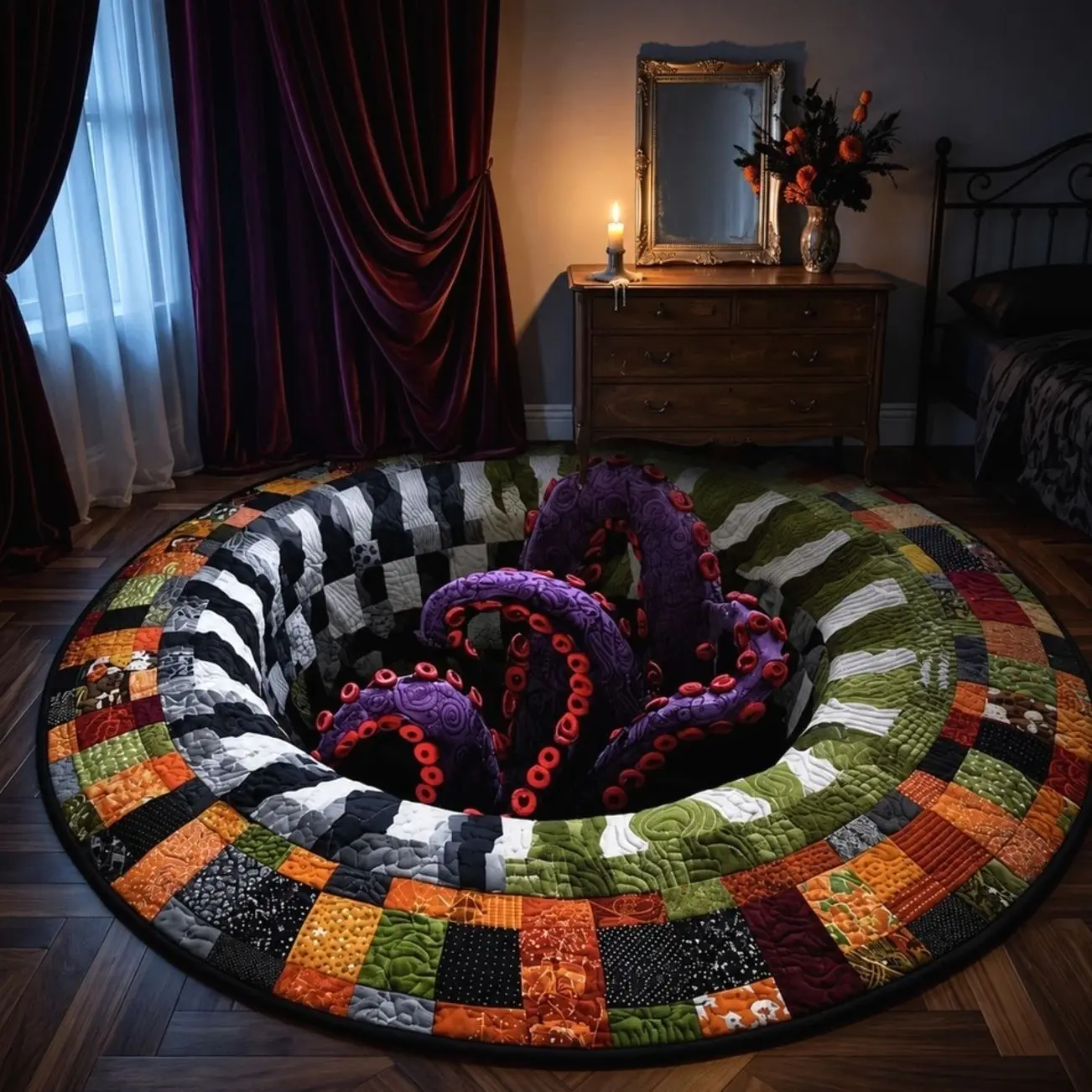 Halloween 3D Vortex Round Rug Octopus Tentacle Kraken Patchwork Print Area Mat