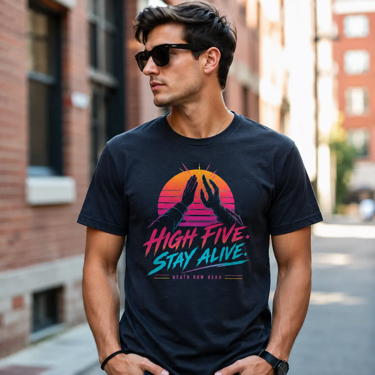 Men's Short-Sleeve Graphic T-Shirt - Unisex Retro 80s Death Row Hero High 5 Stay Alive Print Canvas Cotton
