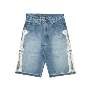 Summer Retro Skeleton Denim Shorts Sports Casual Jorts Outfit for Women & Men Mid Waist Plain Pattern Tropical Bestie Style Europe America Fashion