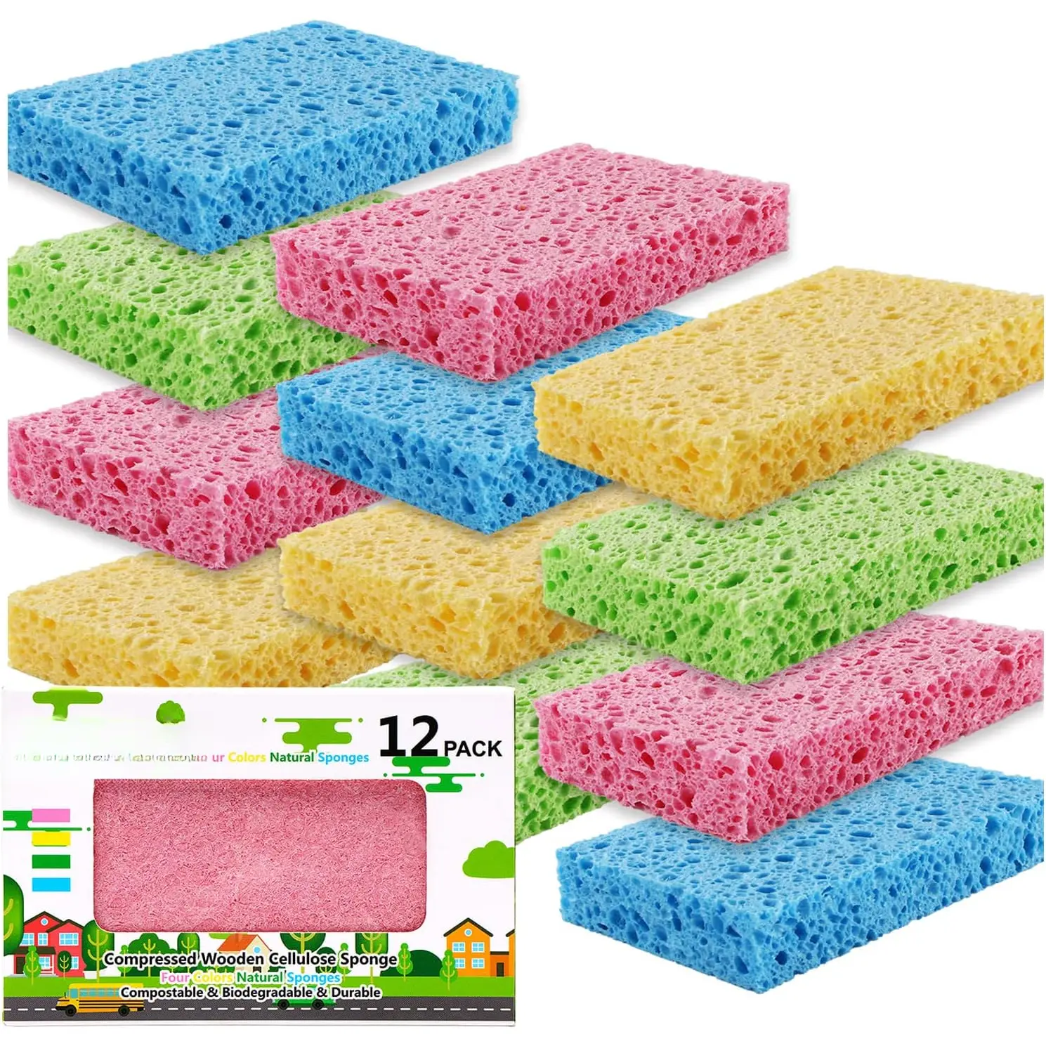 Compressed Cellulose Kitchen Sponges 12Pack,Non-Scratch Biodegradable  Colorful Sponge Scrub for Dishes Cleaning,Funny DIY Sponge for