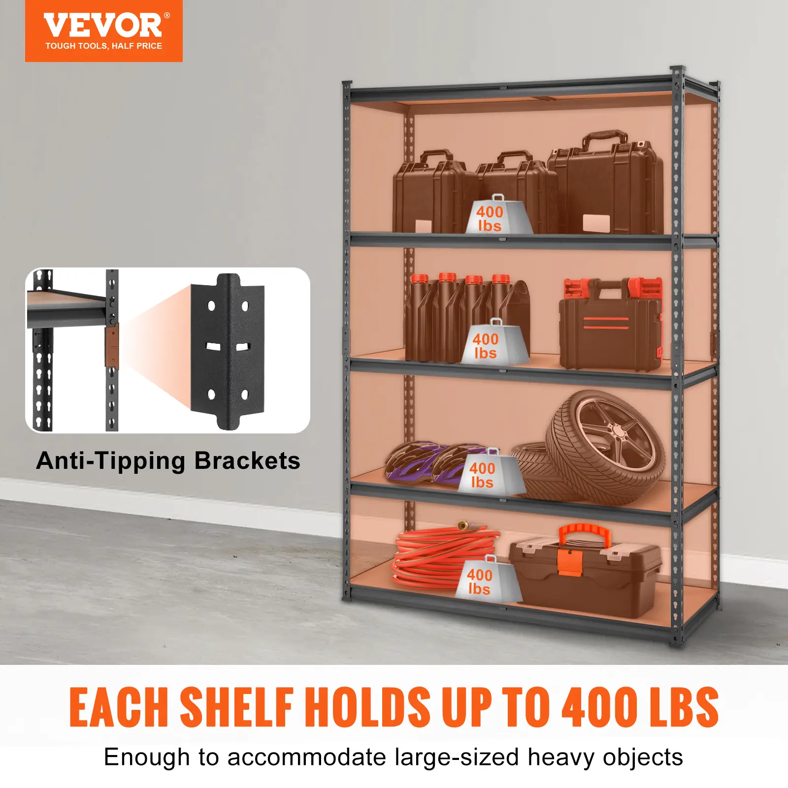 VEVOR 5-Tier Corrosion-Resistant SPCC Steel Storage Shelf, 2000 lbs Capacity Metal Organizer Rack with Adjustable Rubber Stands & Clips, 18" D x 48" W x 72" H Black 5-Layer Unit for Garage/Kitchen Organization