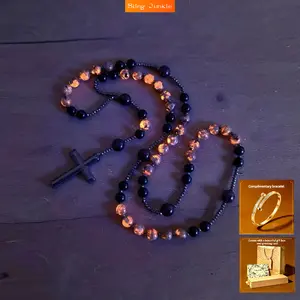 Natural Obsidian Yooperlite Rosary Necklace UV Reactive Protection Necklace Hematite Stone Cross Pendant Necklace Gift for her gift for himProtection  Grounding Jewelry Gift for Men Women jewelry set Gift exquisite bracelet packaging box and greeting card