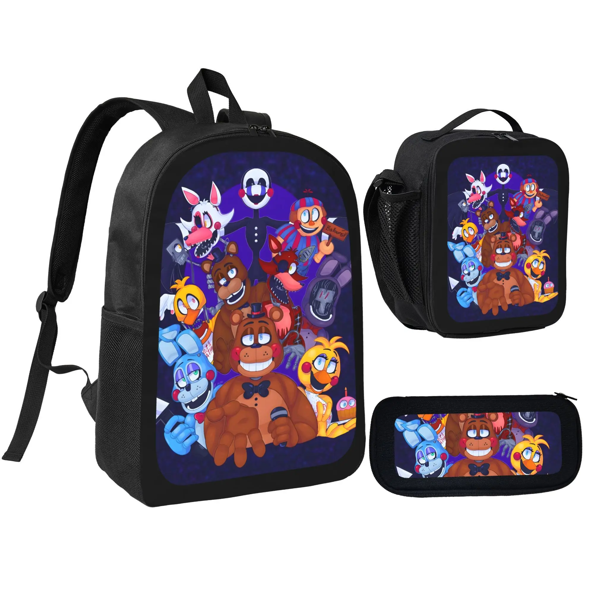 FNAF Cartoon Print 3Pcs School Backpack Set with Insulated Lunch Bag & Pencil Case for Boys Girls, Back to School Essentials