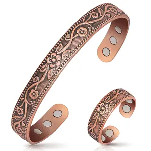Adjustable Cuffs Copper Bracelet for Women 3500 Gauss Magnetic Bangle & Ring 100% Pure Copper Magnetic Field Therapy Jewelry for Swollen Wrists Blood Circulation Balance Sleep Lymph Nodes