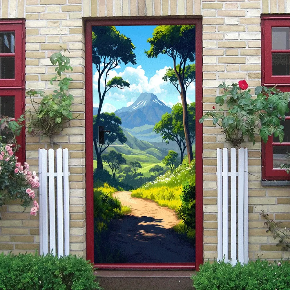 2pcs   Green Forest Path Wall Sticker Mountain Landscape Home Decor Decal Self Adhesive Removable Living Room Bedroom Background Wall Art Nature Scenery Decorative Sticker  Collage Self-Adhesive Door
