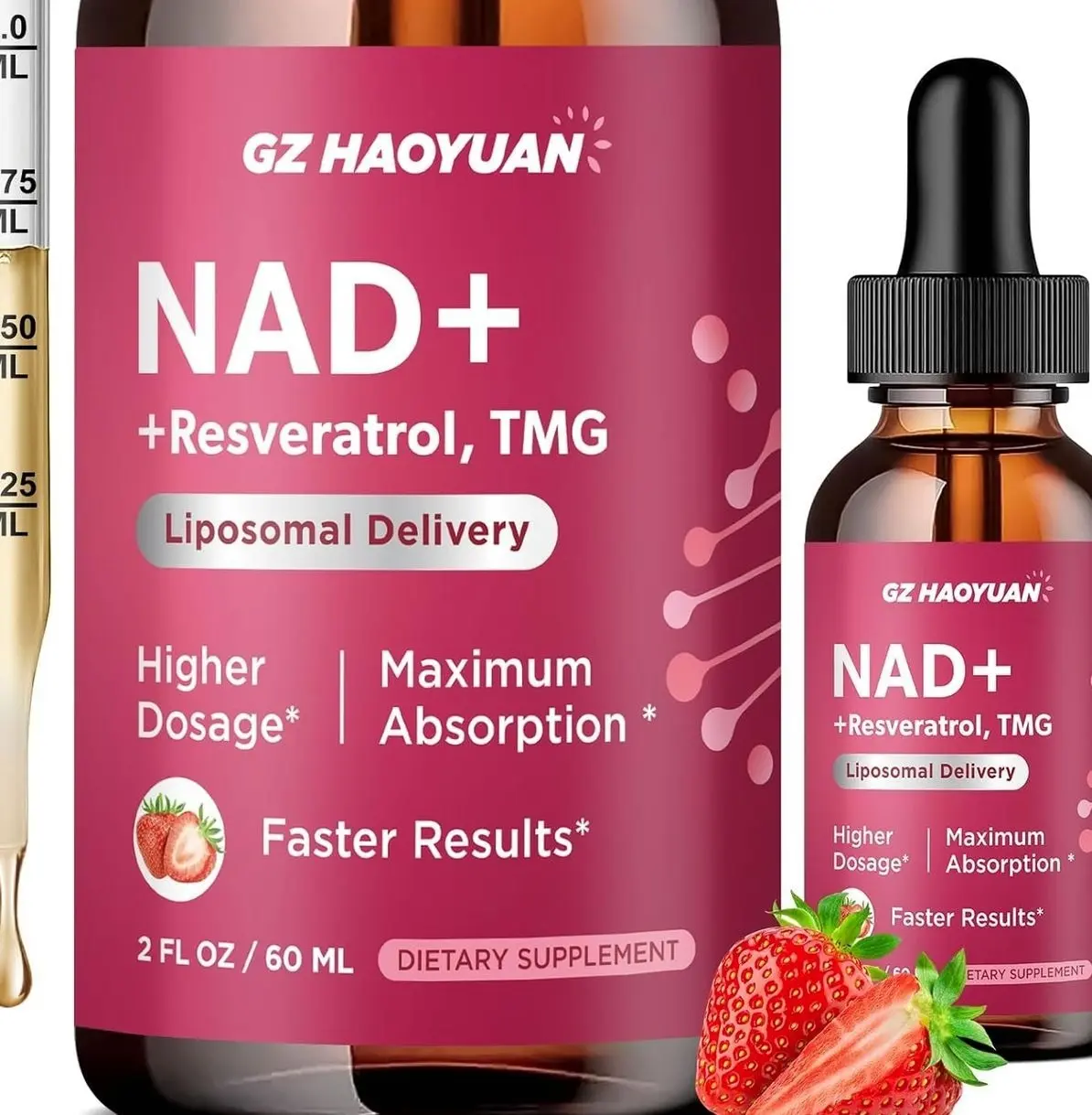 NAD Liquid Supplement for Women, Liposomal NAD+ Drops 1200MG with NAD Plus Resveratrol, Tmg, Quercetin, Anti-Aging, Cell Regeneration, Energy & Metabolism Support, Strawberry Flavor