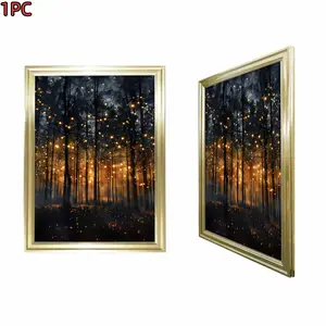1pc Framed Gold Frame Framed Canvas Art Print With Golden Frame Forest Night Scene With Glowing Lights Canvas Art Print For Living Room Bedroom And Study Decor + Elegant Home Decoration