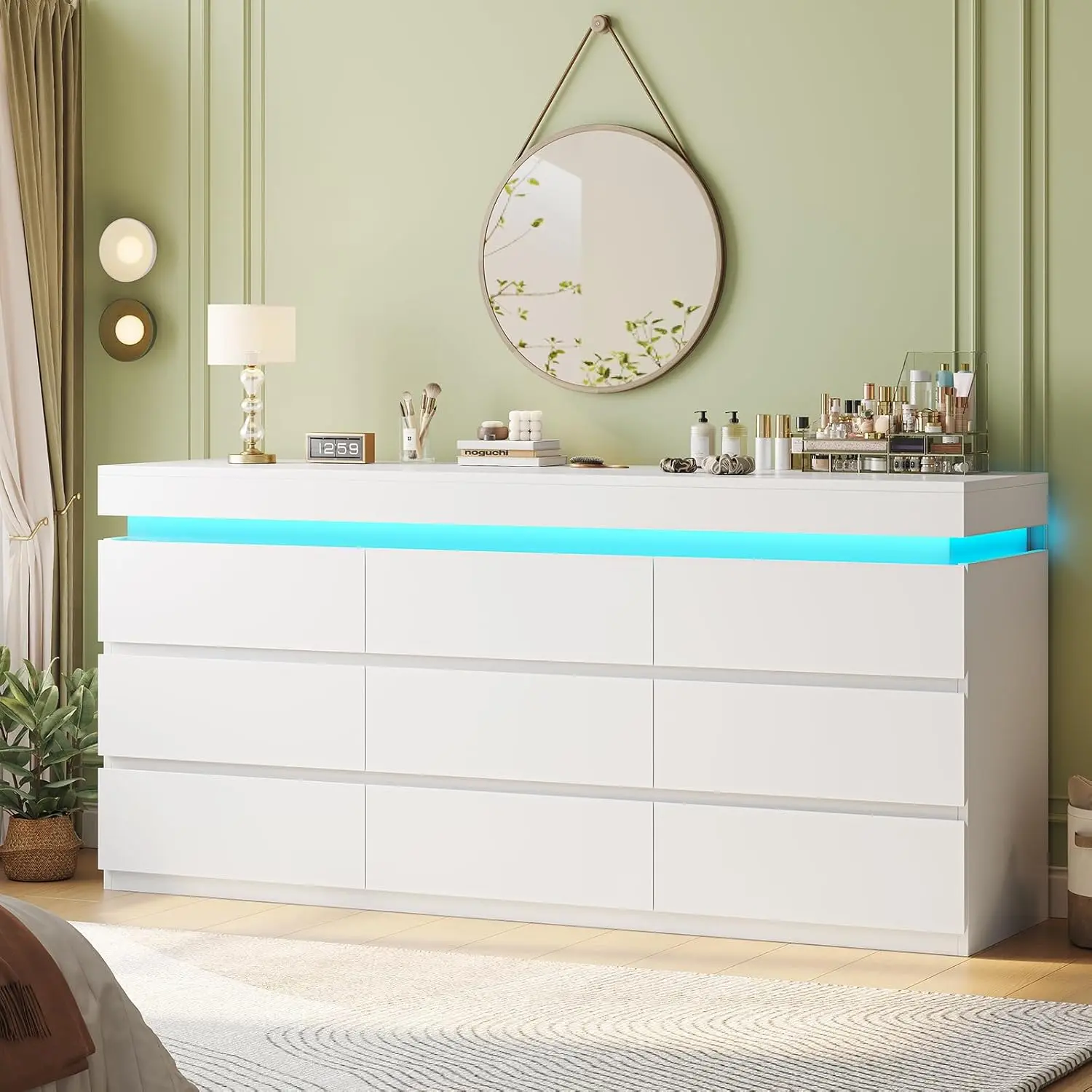 HAUOMS 9 Drawer Dresser with LED Light, White Modern Chest of Drawers for Bedroom,Long Dresser with Drawers for Living Room, Entryway, Hallway