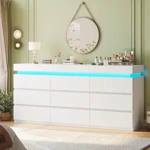 HAUOMS 9 Drawer Dresser with LED Light, White Modern Chest of Drawers for Bedroom,Long Dresser with Drawers for Living Room, Entryway, Hallway