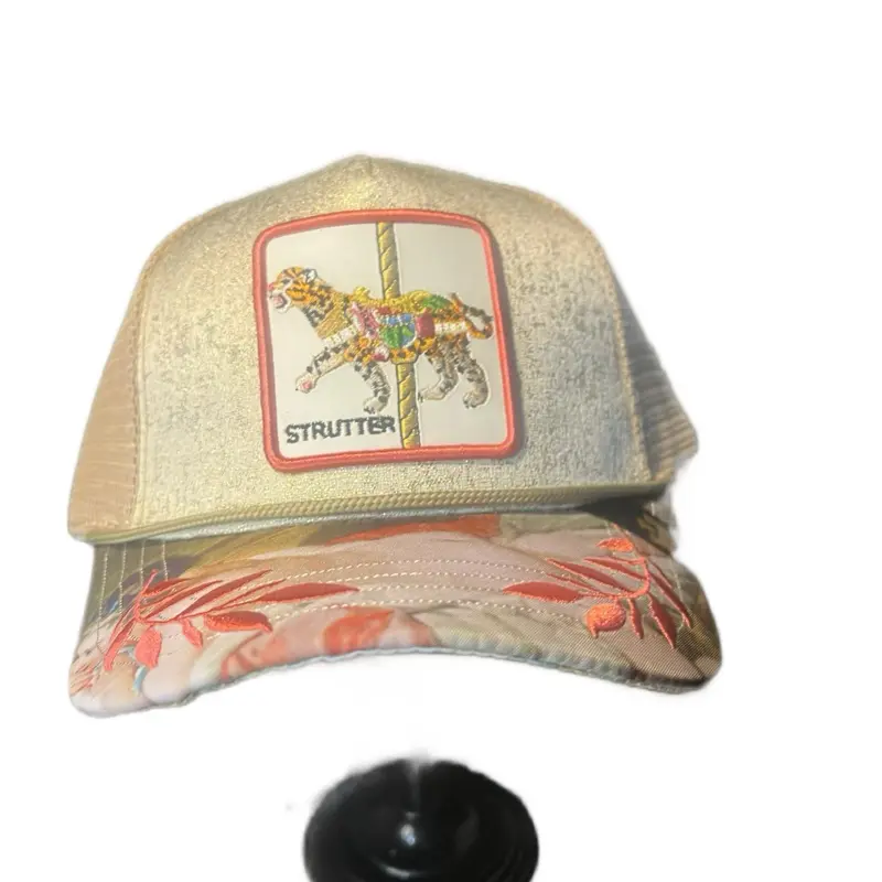 Strutter Beige Strutter Carousel Tiger Trucker Cap with Colorful Tiger Design and Floral Embroidery