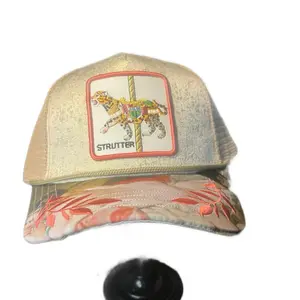 Strutter Beige Strutter Carousel Tiger Trucker Cap with Colorful Tiger Design and Floral Embroidery