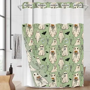 1 Pack No Hook Double Layer Shower Curtain, Green Background Ghost & Skeleton Print Bath Curtain, Machine Washable, Waterproof, Mildew Resistant, Durable Fabric, Halloween Bathroom Decor, Removable Liner, Top See-Through Window, Partition Curtain 71"×74"