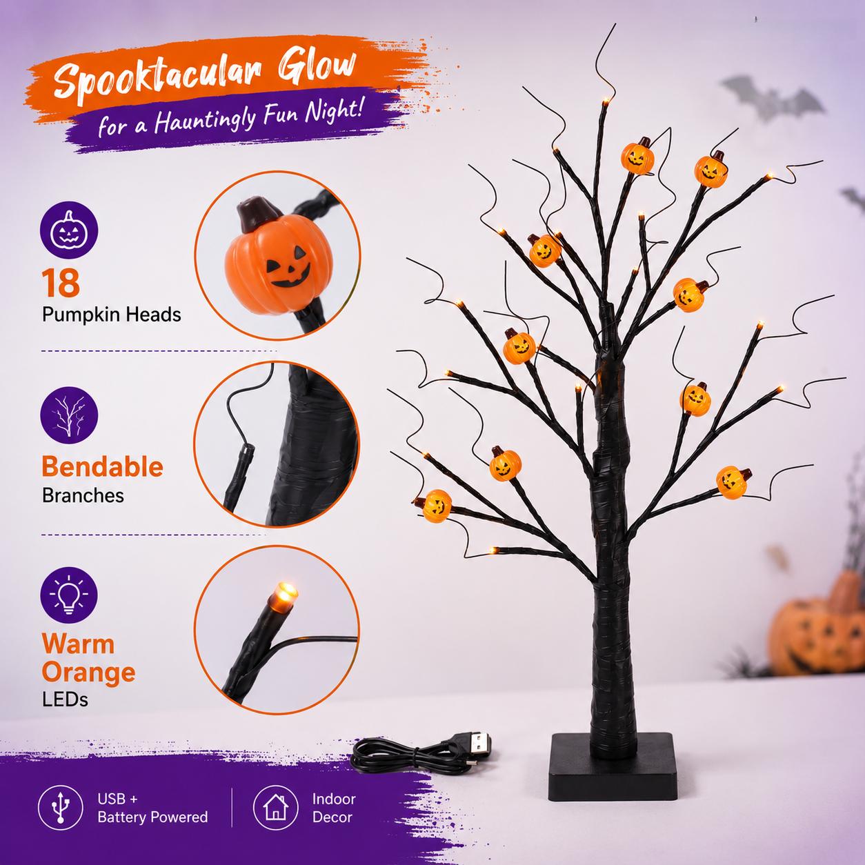 2-Piece Set, Halloween Tree Lights, 24-inch, Orange and Purple Glow, 24 LEDs, USB + Battery Powered, Halloween Decor, Suitable for Indoor Home Haunted Rooms, Fireplaces, Entryways, TV Console Decor