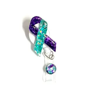 Teal and Purple Awareness Ribbon Badge Reel, 2”, Retractable Swivel Alligator Clip, DV and Suicide Awareness