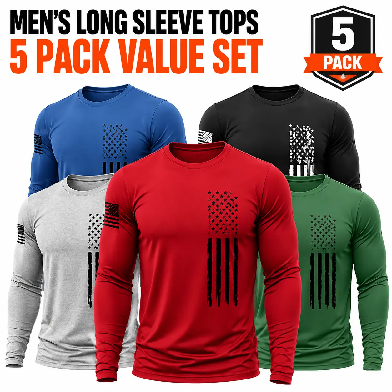 Men's [5-Pack] Long Sleeve Active T-Shirts | Quick-Dry Breathable Athletic Fit | Independence Day Special Patriot Apparel spring and autumn men's clothing Athletic Apparel Athletic Mesh Athleisure Street Fit Menswear