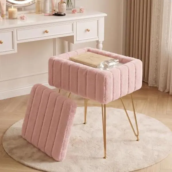 Gaomon Multifunctional Upholstered Vanity Stool - Footstool with Storage, Faux Fur Padded Seat, Metal Legs, Anti-Slip Feet, 15.7x11.8x18.7in for Bedroom Makeup Use, Multifunctional Stool