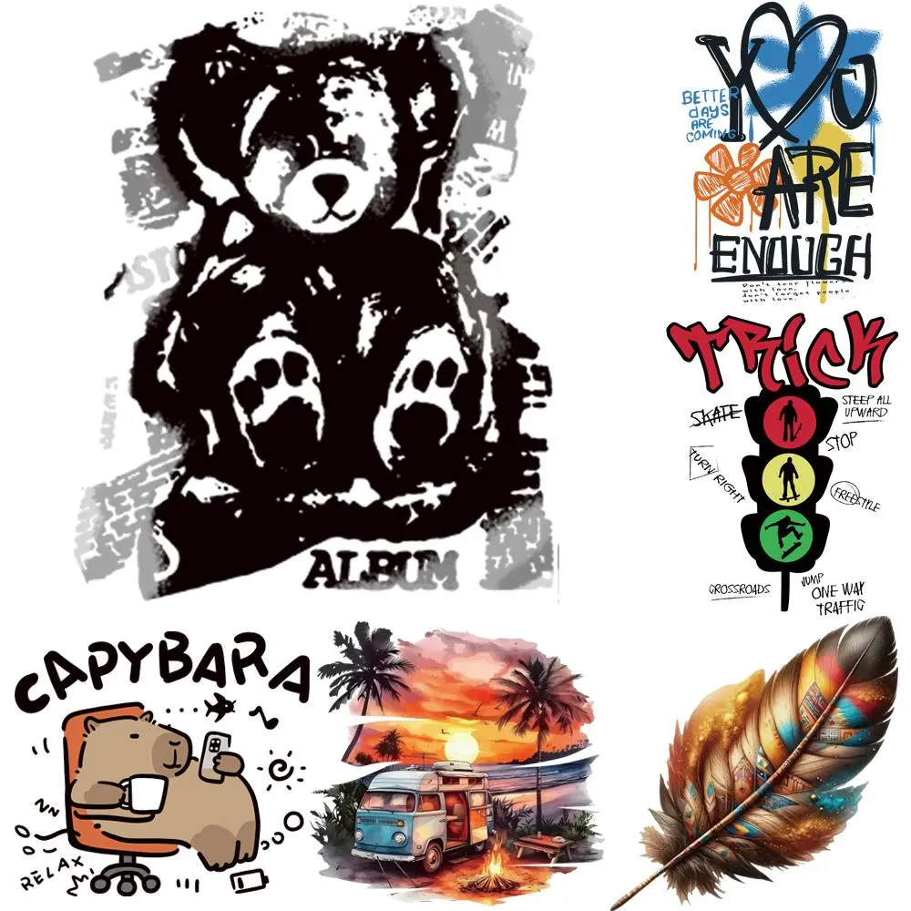 Bear & Feather & Letter Pattern Heat Transfer Sticker, 6 Counts/set DIY Heat Transfer Sticker, Washable Sticker for Clothes, DIY Clothing Accessories, Handcraft