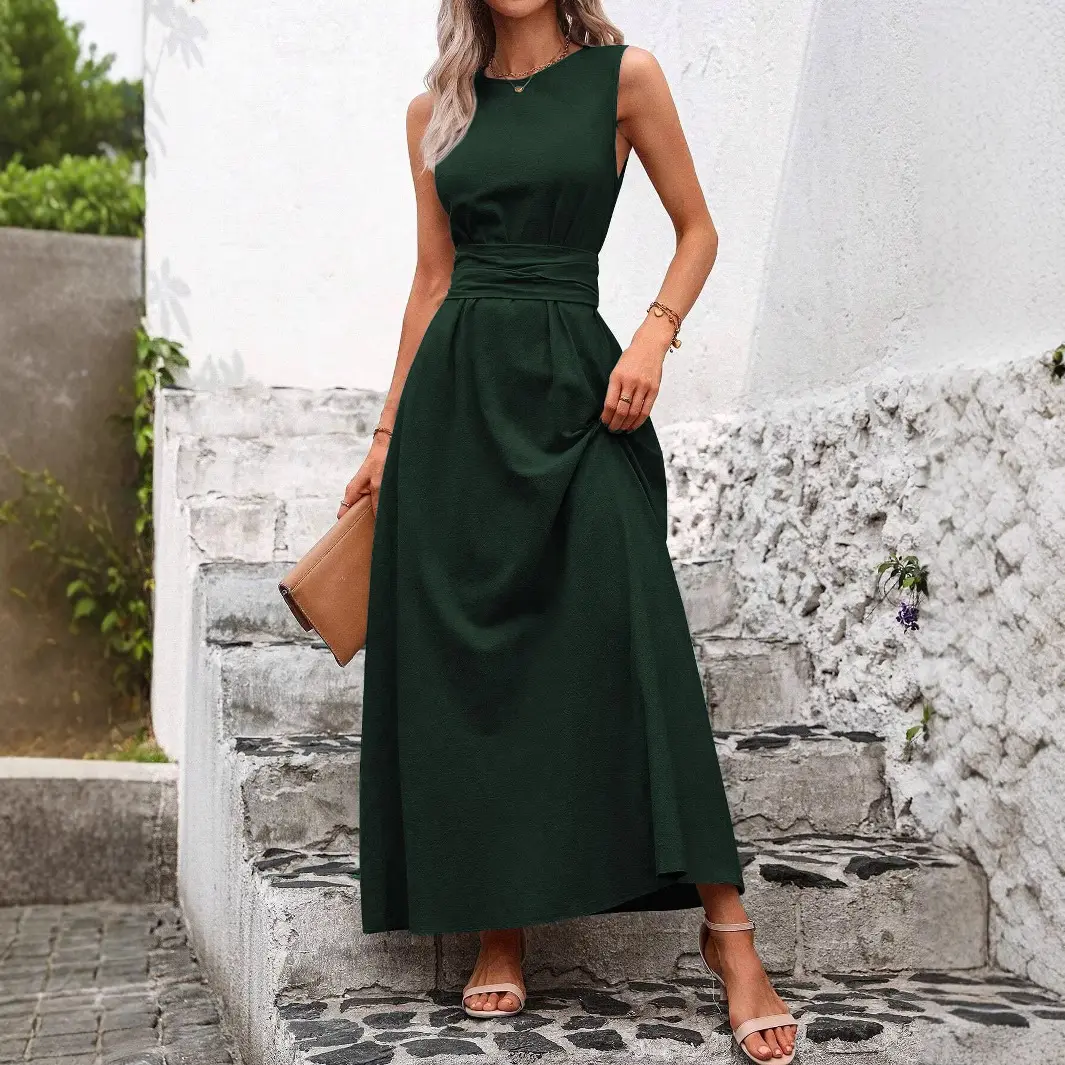 Elegant women's solid color round neck waist knot pocket sleeveless loose  casual dress with temperament strap