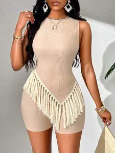 Women's Elegant Asymmetric Top with Fringe Hem Decorative Tight Shorts Set, Stylish Casual Everyday for Daily Wear