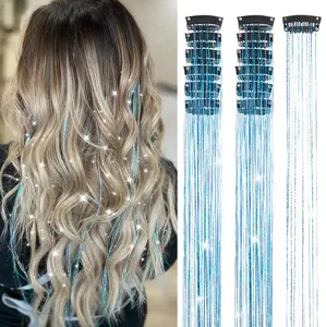 Tinsel 12Pcs Sky Blue Clip-in Hair Tinsel Kit 20.5 Inch Fairy Hair Extensions for Women Girls Kids Christmas Accessories