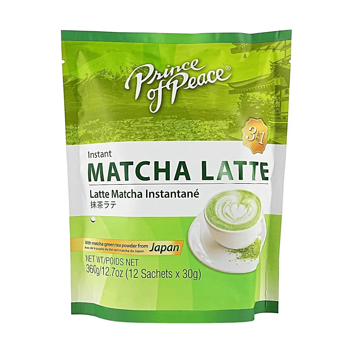 Prince of Peace 3-in-1 Instant Matcha Latte Mix - 12 Sachets (360g) - Authentic Japanese Matcha Powder - Hot & Cold Brewable - Rich & Creamy Cafe Style Drink
