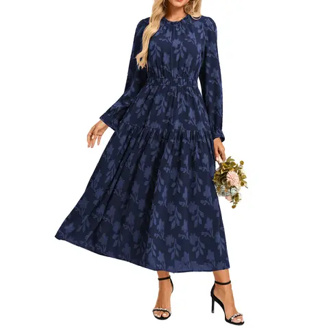 【Grace Karin】Women's Long-Sleeve Lacy Boho Round Neck A-Line Floor-Length Flowy Gown - Elastic Waist, Pocketed Formal Wedding Guest Dresses for Fall, Long Dresses for Women