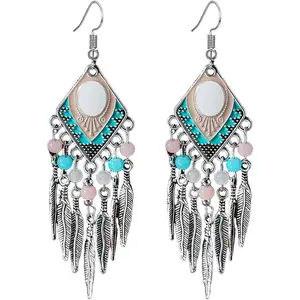 Blue Turquoise Dream Catcher Feather Earrings for Women Vintage Bohemian Western Jewelry Native American Indian Dream Catcher Feather Dangle Earrings