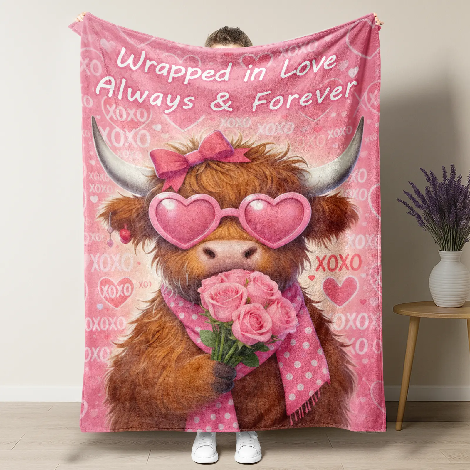 Highland Cow Cute XOXO "Wrapped in Love" Romantic Flannel Blanket,Pink Valentine's Day Throw Blanket,"Always & Forever" Gift for Her,Soft Warm Nap Blanket for Home Office Travel Camping