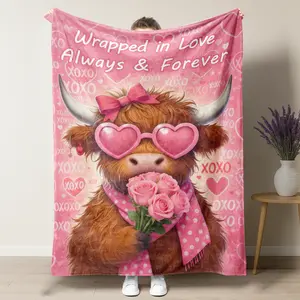 Highland Cow Cute XOXO Wrapped in Love Romantic Flannel Blanket Pink Valentine's Day Throw Blanket Always Forever Gift for Her Soft Warm Nap Blanket for Home Office Travel Camping