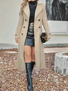 Women's Fitted Solid Color Lapel Long Sleeve Casual Chic Fashion Woolen Coat, Fall Winter Long Line Double Buttoned Overcoat, Ladies Outerwear