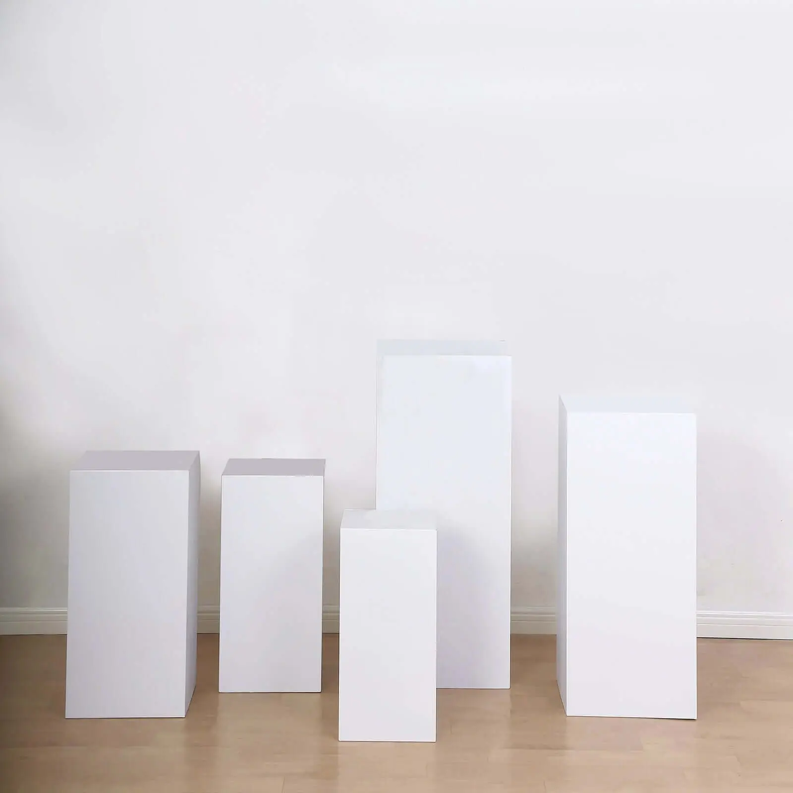 5-Piece White Metal Rectangular Prop Pedestal Stands - Easy Clean Decoration for Wedding Centerpiece, Graduation Decorations, Event Decor Backdrop Plinth Pillar Display Boxes