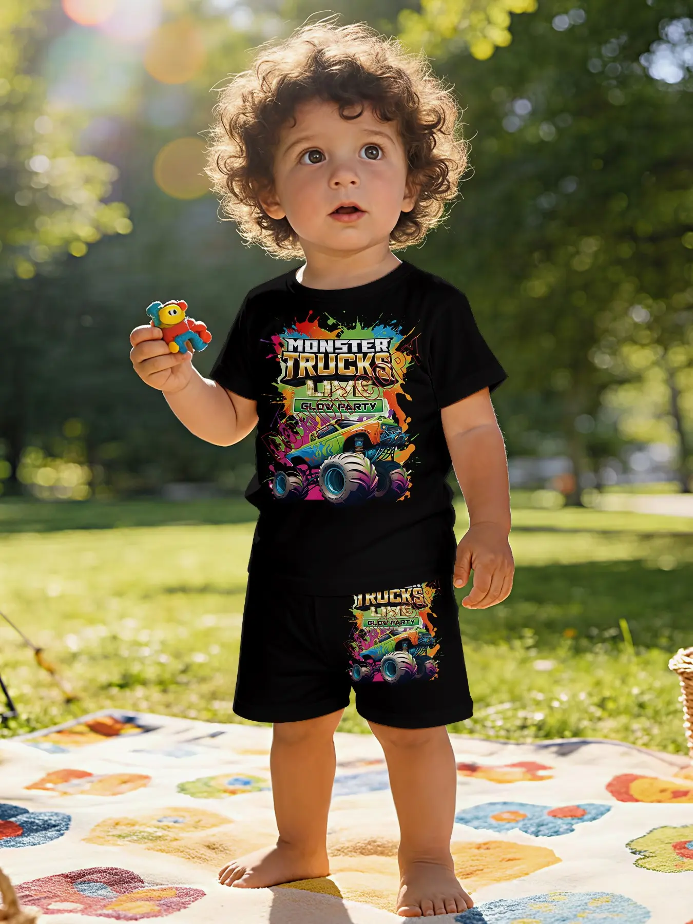 Trendy colorful monster truck + splash ink effect printed baby short-sleeve set, suitable for daily and outdoor sports T-shirts, 100% polyester, a perfect gift for infants and toddlers, Graphic Print Set, Cartoon Print Set