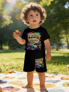 Street trendy cool style colorful monster truck + splash ink effect printed baby short-sleeve set, casual kids' clothing for babies, suitable for daily and outdoor sports T-shirts, 100% polyester, a perfect gift for infants and toddlers!