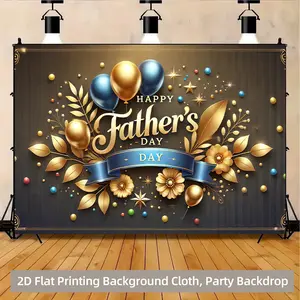 2D Flat, 1pc Elegant Royal Golden & Blue Father's Day Backdrop Banner with Happy Father's Day Lettering, Balloons & Confetti - Durable Polyester Fabric Wall Decoration for Parties, Photo Background, Washable &