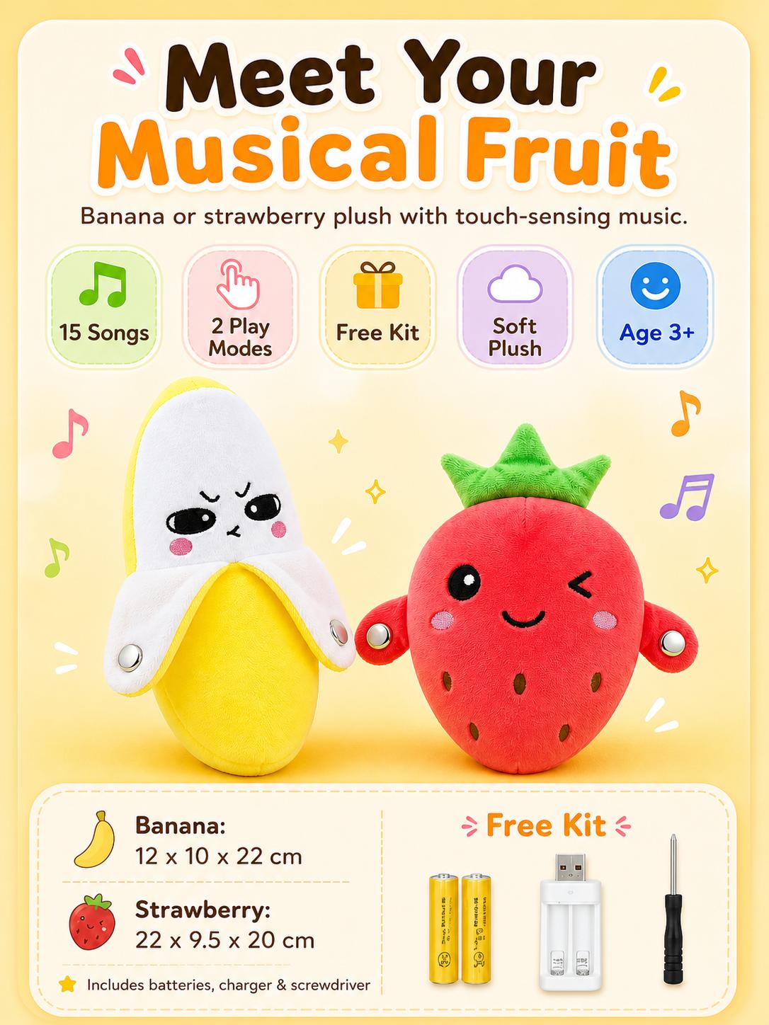 Soft Plush Interactive Musical Fruit Shapes Stuffed Toy (Banana/Strawberry) for Ages 3+, Tactile Play, Touch Sensors, 15 Built-In Songs, 2-Player Mode Parent-Child Interaction, Free Rechargeable AA Starter Kit (Batteries+Mini Screwdriver), 22x9.5x20cm, Tw