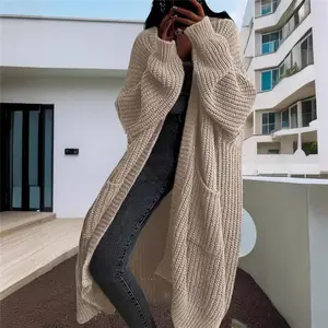 women's autumn and winter cardigan knitted jacket, long loose knitted cardigan, solid color casual thick crochet long sweater, loose long sleeves with pockets, fashionable loose long sleeve knitted long sweater jacket, warm sweater jacket cardigan
