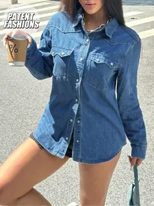 Women's Fashion Denim Shirt Jacket, Western Vintage Washed Aesthetic Single Button Closure, Streetwear Casual Daily Wear, All Seasons, Fitted