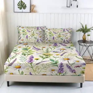 3 Pcs Purple White Daisy Lavender Cluster Bedding Fitted Sheet Set, Includes Non-slip Fitted Sheet & 2 Pillowcases (no filler), Warm Fluffy Skin-friendly, Fits Pastoral Homestay Guest Room/Handmade Studio Rest Area/Purple White Daisy Lavender Pastoral Set