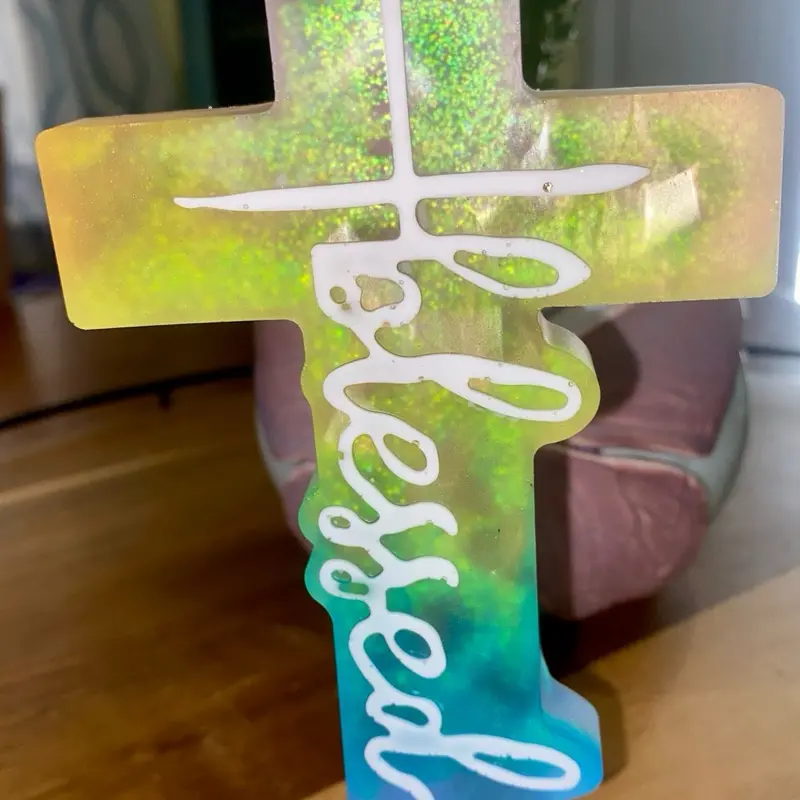 Handcrafted Epoxy Resin Sunset Blessed Cross with Iridescent Finish & Inspirational Design for Home Decor 5.75 Inch Height