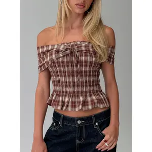Avalynn Off Shoulder Shirred Top Brown Check
